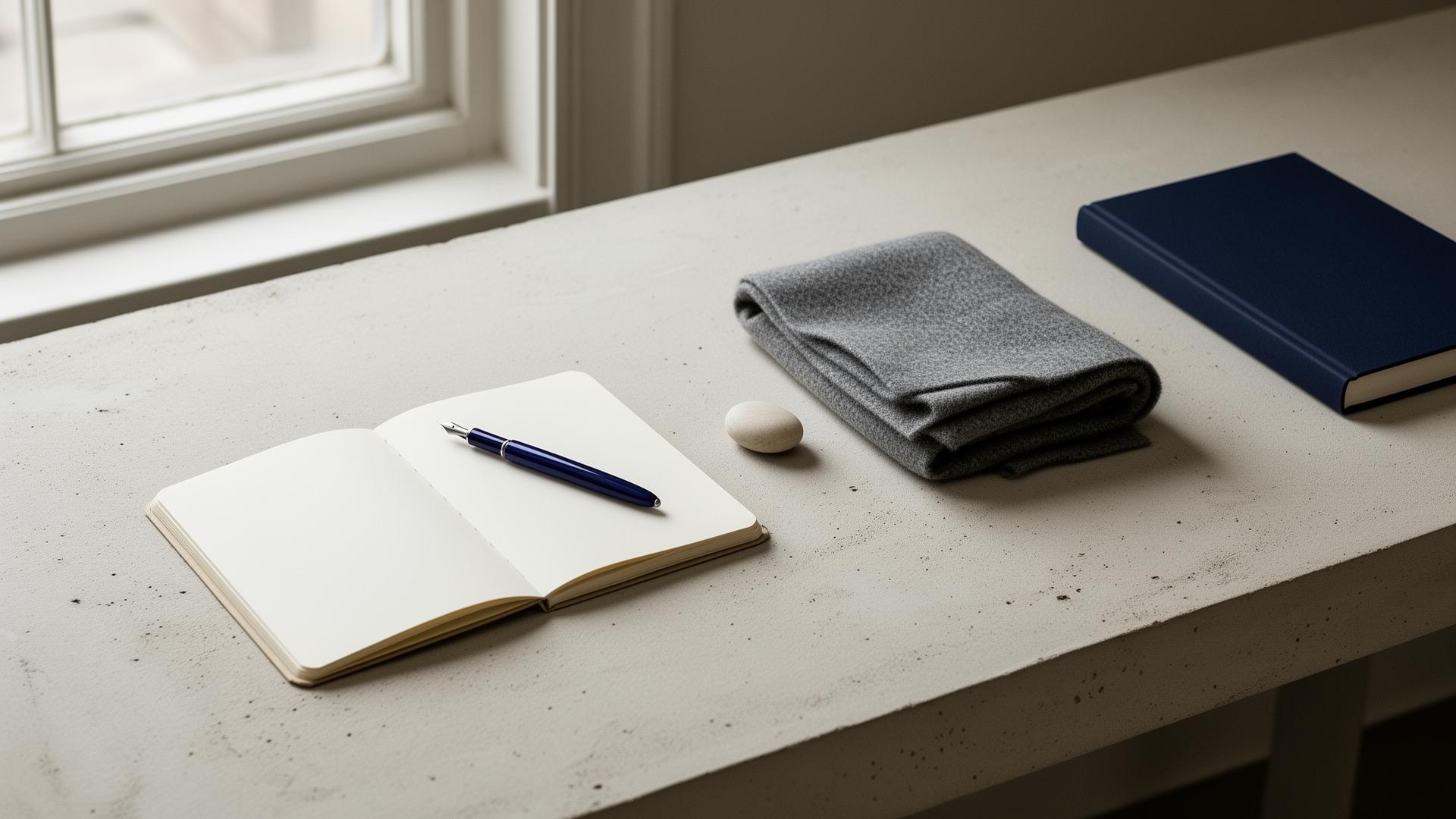 A quiet editing table by a window — open notebook, navy fountain pen, folded cashmere, a stone, and a navy hardcover book