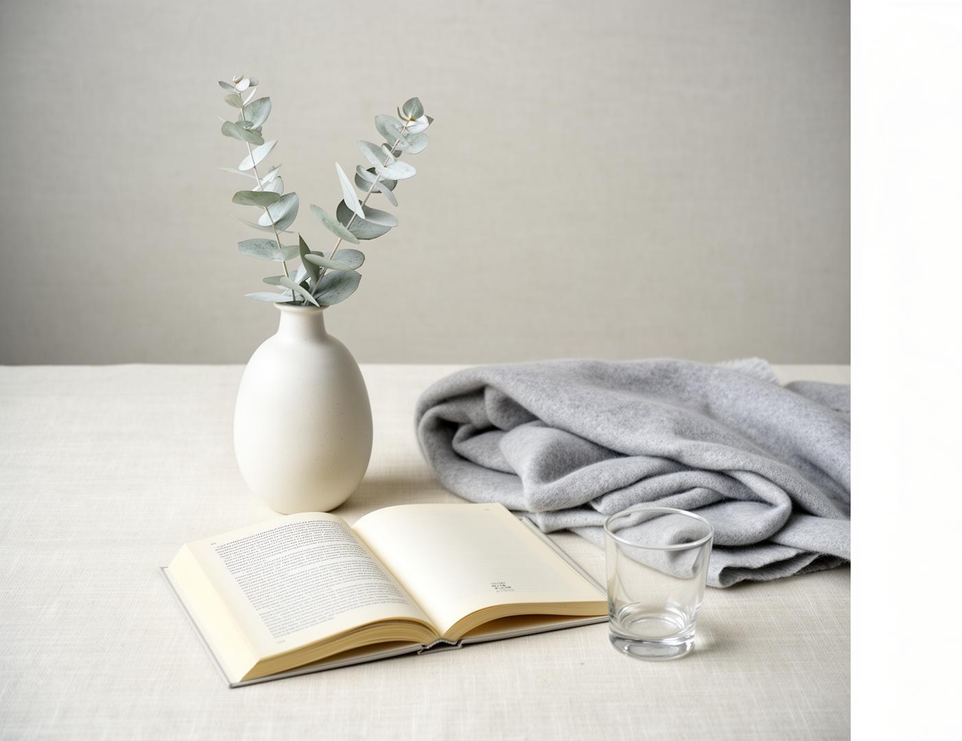 A quiet gallery interior with a single cashmere throw on a plaster pedestal