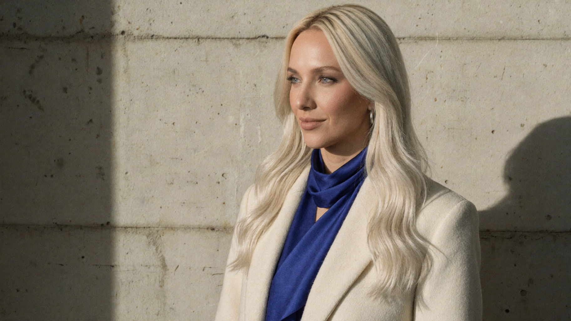 Editorial fashion photograph of Taryn in a cream wool coat and cobalt blue silk scarf against a sunlit concrete wall